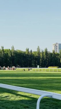 Varşova, Polonya - 27 Nisan 2025: Güneşli bir günde at yarışı, jokeyli bir at yarış pisti, yavaş çekim, Hipodrom dikey video.