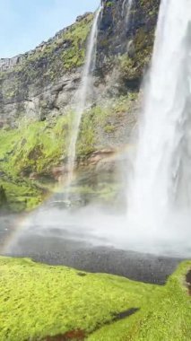 Yeşil kayalık arazi, İzlanda şelalesinin güzel manzarası, İzlanda doğası ve dünya dokusunun huzur manzarası, su ve gökkuşağının akışı, yeşil kayalık arazi arka planı...