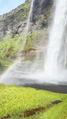 İzlanda manzarası, turist rotası, İzlanda 'nın güzel manzarası dünya dokusunun huzur manzarası, şelale manzarası, yeşil kayalık arazi arka planı..