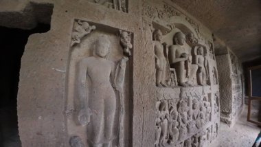 Kanheri Mağaraları 'nda Antik Taş oymacılığı, Mumbai, Hindistan