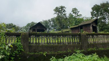 Abandoned houses overgrown with green vegetation and weeds, showcasing a deserted and empty environment. clipart