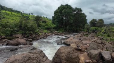 Ormandaki kayaların üzerinden akan sakin bir akarsu manzarası, doğanın rahatlatıcı seslerini ve canlı yaprakları sergiliyor.
