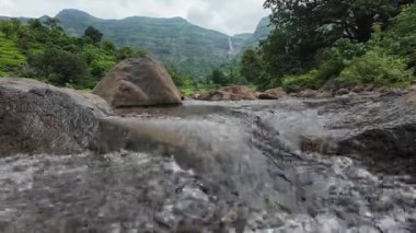 Ormandaki kayaların üzerinden akan sakin bir akarsu manzarası, doğanın rahatlatıcı seslerini ve canlı yaprakları sergiliyor.