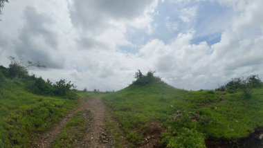 A scenic dirt road winds through lush greenery clipart