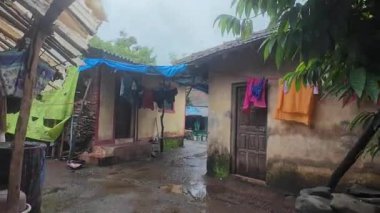 Muson sırasında Maharashtra 'nın sakin kırsal bir köyünde, yemyeşil ve doğa ile çevrili geleneksel kulübeler var..