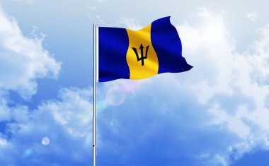 Barbados bayrağı dalgalanır parlak mavi gökyüzünde