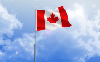 Kanada bayrağı dalgalanır parlak mavi gökyüzünde