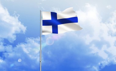Finlandiya bayrağı parlak mavi gökyüzünde dalgalanıyor