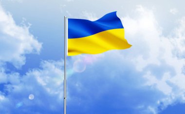 Ukrayna bayrağı dalgalanır parlak mavi gökyüzünde
