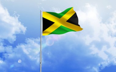 Jamaika bayrağı dalgalanır parlak mavi gökyüzünde