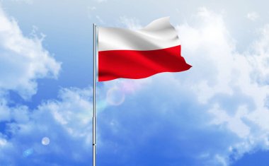 Polonya bayrağı dalgalanır parlak mavi gökyüzünde