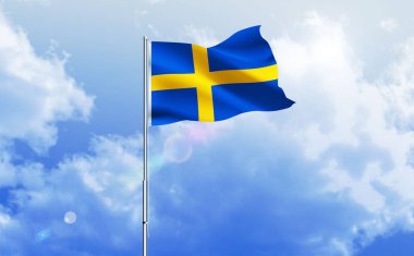 İsveç bayrağı dalgalanır parlak mavi gökyüzünde