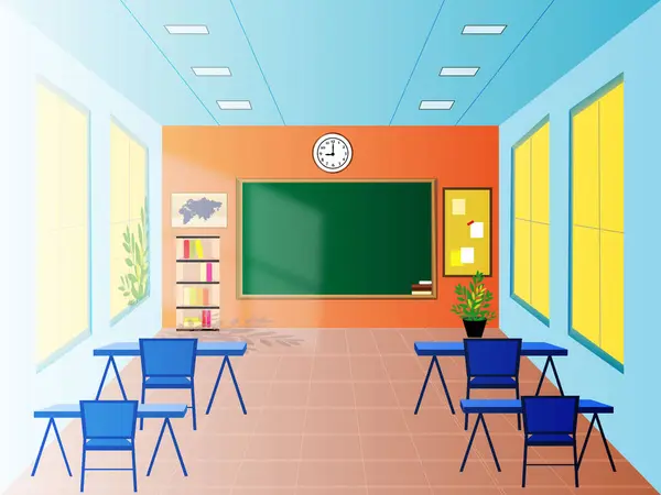 Bright colorful illustration of a classroom with desk,chair,blackboard