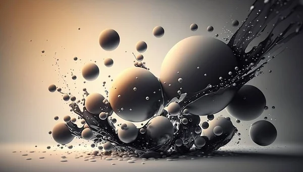 stock image Liquid splash with black and white balloons. Matte blurred background. Illustration.