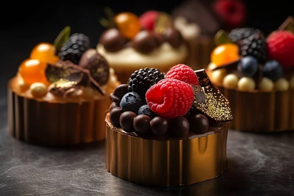 stock image Luxurious designer pastries with berries in chocolate. Professional confectionery with strawberries, blackberries, tangerines and blueberries.