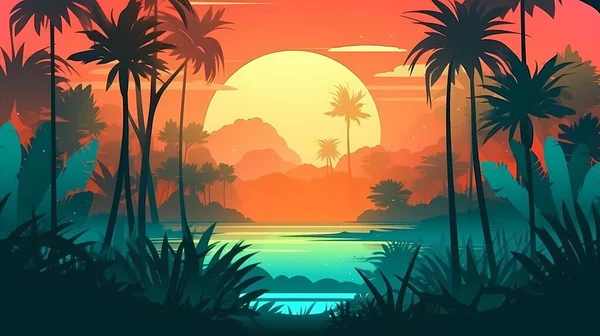 Tropická Pláž Palmami Východem Slunce Západem Slunce Romantické Pozadí Ilustrace — Stockový vektor