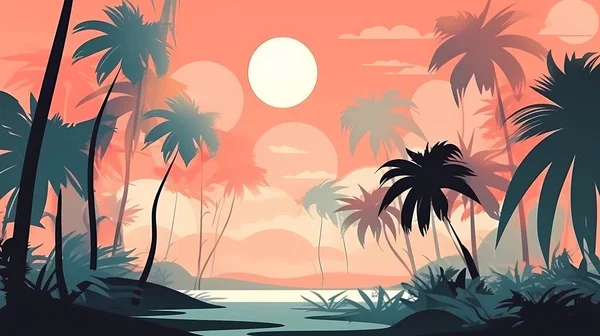 热带海滩 有棕榈树 日出和日落的天空 浪漫的背景说明1 — 图库矢量图片