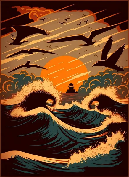 Retro Plakát Mořského Pláště Vlnami Racky Východem Slunce Západem Slunce — Stockový vektor
