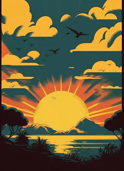 Retro Plakát Mořského Pláště Vlnami Racky Mraky Východ Západ Slunce — Stockový vektor