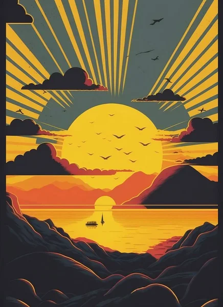 Retro Plakát Mořského Pláště Vlnami Racky Mraky Východ Západ Slunce — Stockový vektor
