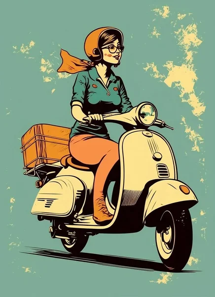 Poster Retrô Vintage Mulher Num Ciclomotor Cartaz Publicitário Anos Venda —  Vetores de Stock