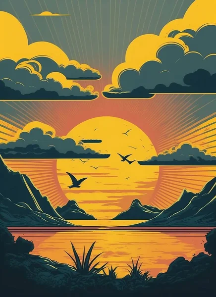 带有波浪 海鸥和云彩的海景复古海报 日出和日落 印刷厂 横幅的背景 — 图库矢量图片