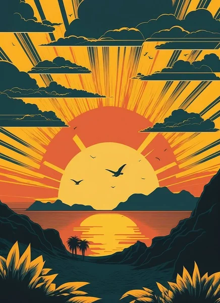 带有波浪 海鸥和云彩的海景复古海报 日出和日落 印刷厂 横幅的背景 — 图库矢量图片