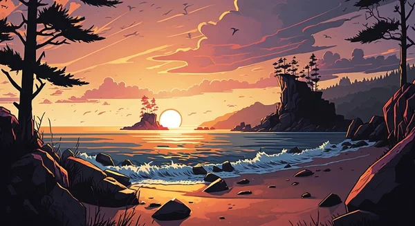 平静的海滩 日出和日落的天空 岩石在地平线上 — 图库矢量图片