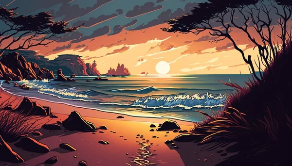 Calm Beach Sunrise Sunset Sky Rocks Horizon — Stock Vector
