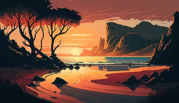 平静的海滩 日出和日落的天空 岩石在地平线上 — 图库矢量图片