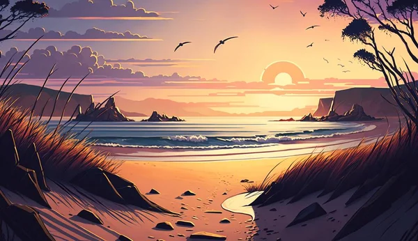 Ruhiger Strand Mit Sonnenaufgang Und Sonnenuntergang Himmel Mit Felsen Horizont — Stockvektor
