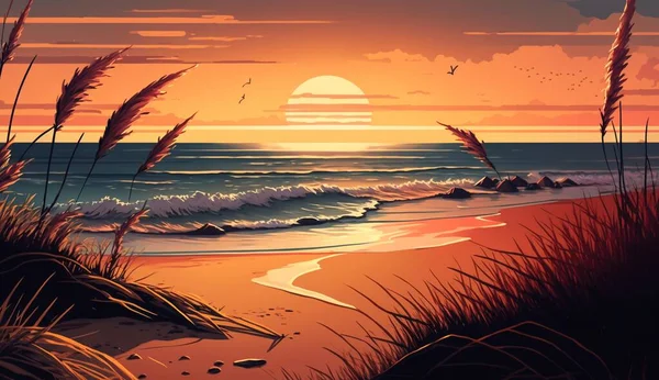 Klidná Pláž Východem Slunce Západem Slunce Obloha Kameny Obzoru — Stockový vektor