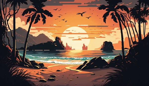 Calm Beach Sunrise Sunset Sky Rocks Horizon — Stock Vector