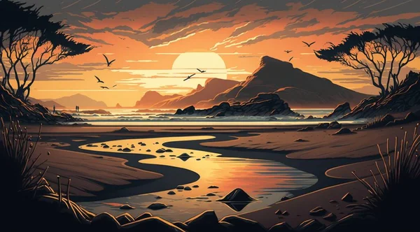 Ruhiger Strand Mit Sonnenaufgang Und Sonnenuntergang Himmel Mit Felsen Horizont — Stockvektor