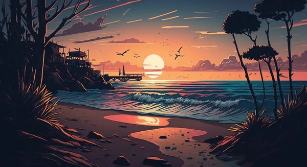 Спокойный Пляж Восходом Солнца Закатным Небом Скалами Крыльях — стоковый вектор