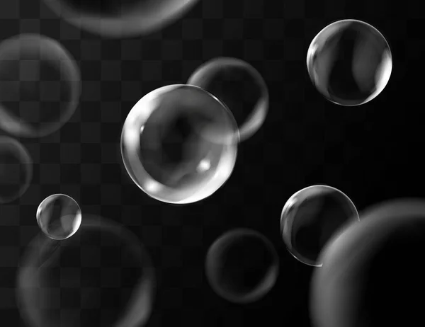 反射する現実的な透明な石鹸の泡 隔離された組成 バブルの背景 — ストックベクタ