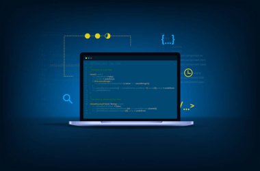 Bilgisayar programlama, yazılım veya oyun geliştirme kavramı. Kodlama sembolleri ve programlama pencereleriyle 3d vektör illüstrasyonu. Bilgi teknolojileri ve bilgisayar mühendisliği kavramı.
