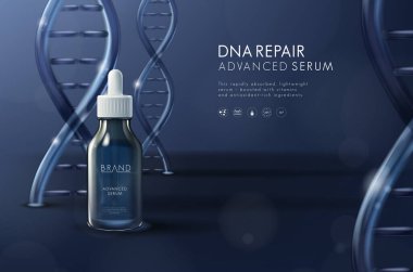 Nemlendirici serum kozmetik reklamları şablonu. İçinde ışık püskürtüsü ve DNA molekülleri olan bir şişe. Kozmetik yenilik teknolojisi ve güzellik konsepti. Etkili kolajen cilt bakımı formülü.