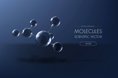 Cam molekül atom modeli posteri. Yansıtıcı ve kırıcı soyut moleküler şekil. vektör illüstrasyonu