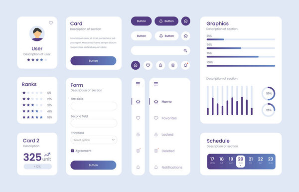 Light Collection of gradient ui ux elements. Ux dashboard user panel template. User interface, experience. UI elements to book the app.
