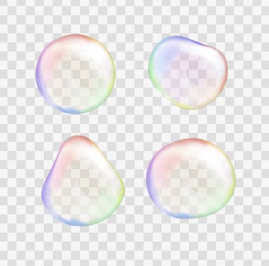 Şeffaf gökkuşağı sabun köpükleri. Renkli damlalar. Vektör çizimi.