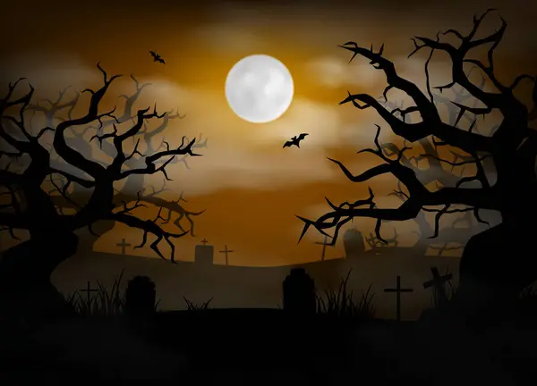 Halloween Dark Forest Background Creepy Cemetery Landscape Night Sky Fantasy — Stock Vector