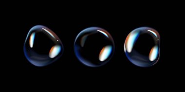 Siyah arka planda parlak sabun köpükleri. Yansımalı şeffaf sabun köpükleri.