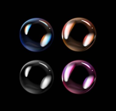 Siyah arka planda parlak sabun köpükleri. Yansımalı şeffaf sabun köpükleri.