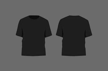 Temel siyah erkek tişörtü modeli. Ön ve arka manzara. Moda kıyafetleri için boş tekstil baskı şablonu.
