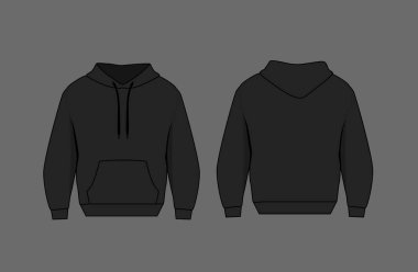 Temel siyah beyaz erkek kapüşonlu modeli. Ön ve arka manzara. Moda kıyafetleri için boş tekstil baskı şablonu.
