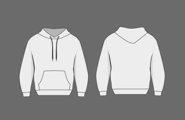 Temel siyah beyaz erkek kapüşonlu modeli. Ön ve arka manzara. Moda kıyafetleri için boş tekstil baskı şablonu.