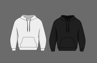Temel siyah beyaz erkek kapüşonlu modeli. Ön ve arka manzara. Moda kıyafetleri için boş tekstil baskı şablonu.