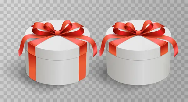 现实的礼品盒 红色缎子弓 背景孤立 礼品盒 用包装带捆扎 新年快乐 圣诞快乐或生日快乐 图库矢量图片