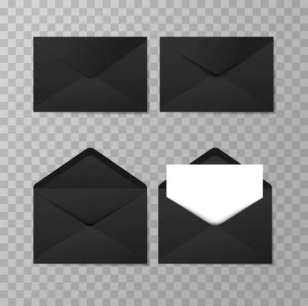 Set Realistic Black Envelopes Different Positions Folded Unfolded Envelope Backpack — Stock Vector